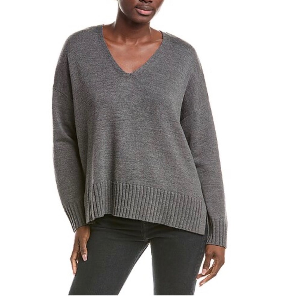 Eileen Fisher Sweater Merino Wool V Neck BoxyXL Gray Minimalist Quiet Luxury